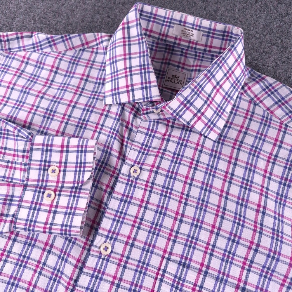 Peter Millar Mens Crown Collection Plaid Button Down Shirt Purple Pink Medium